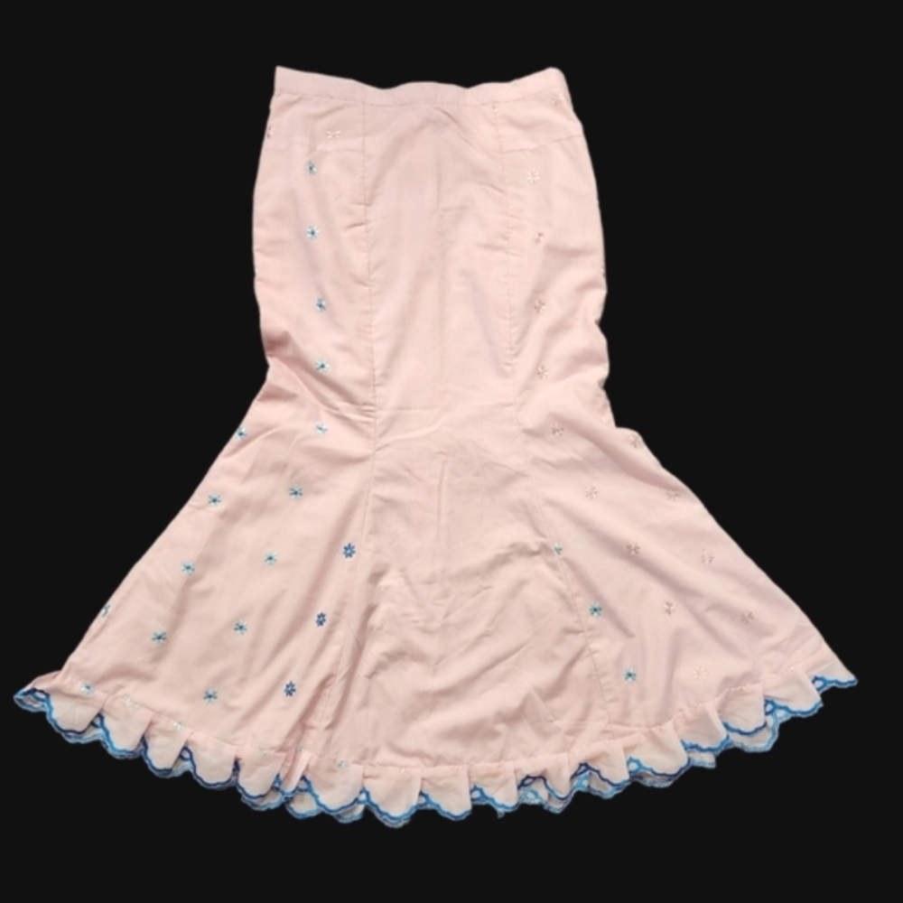 Vintage Mermaid Pink Cotton Maxi Skirt with Embroidered Flowers